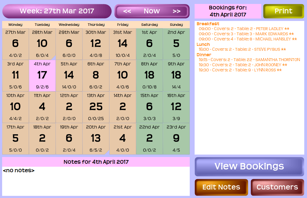 Restaurant Bookings Diary Screen