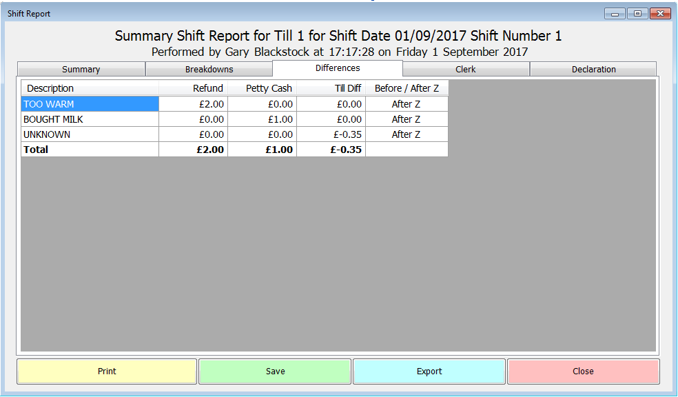 Shift Report Differences