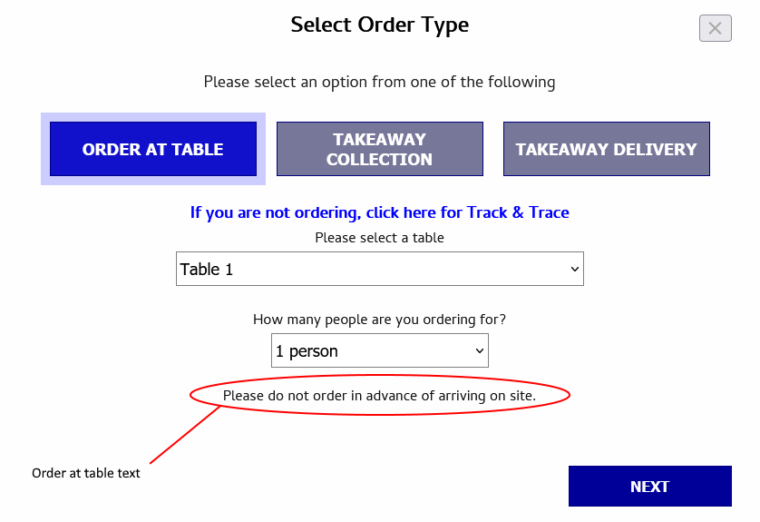 shows table selection screen with order at table text