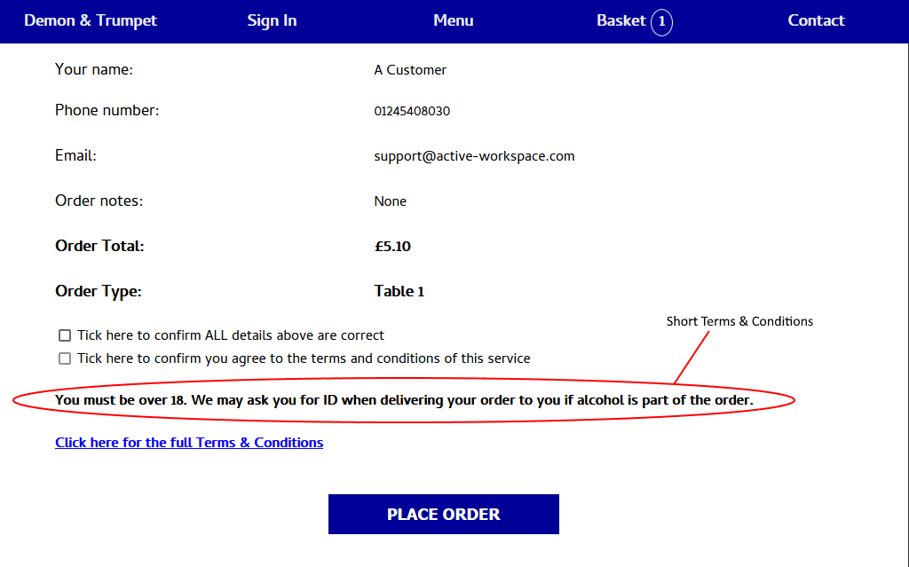 shows short terms & conditions on order confirmation page