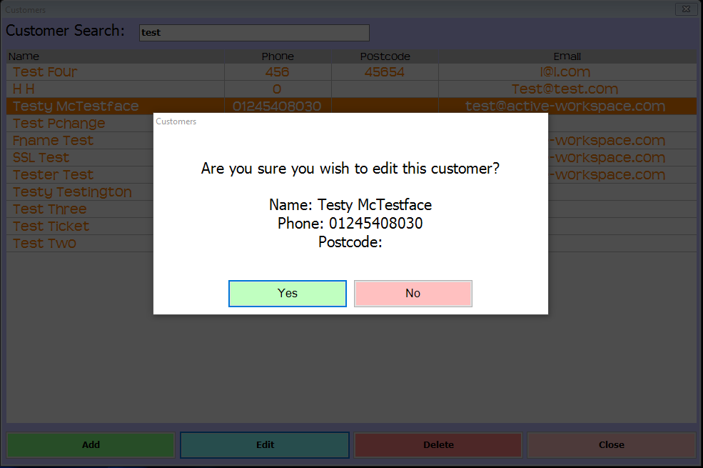 shows confirmation prompt for editing a booking customer