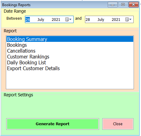 shows booking reports form witth Booking Summary selected