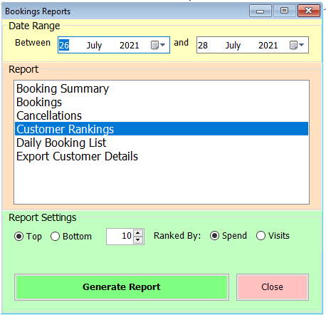 shows booking reports form with customer rankings selected