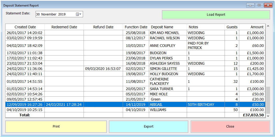 shows deposit statement report with prior date