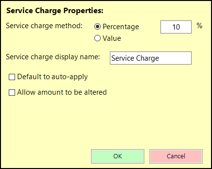shows web app service charge configuration screen