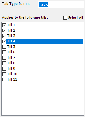 shows the tab type name box and till list