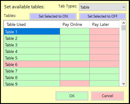 shows the set tables screen in availability