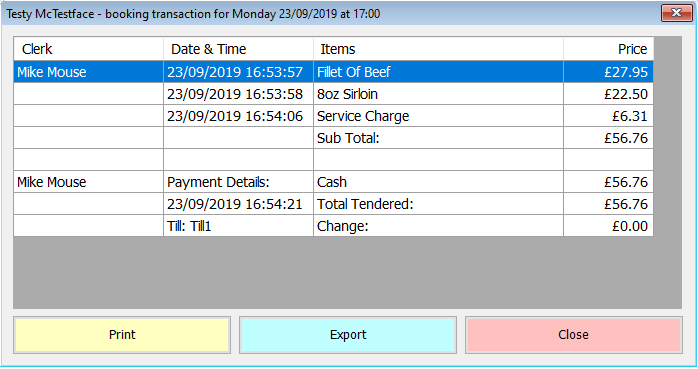 shows a booking transaction breakdown