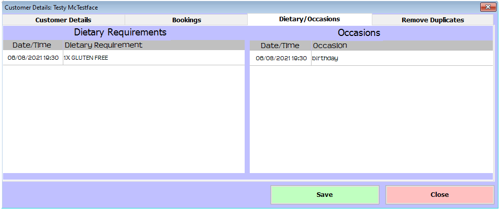 shows a customer's dietary and occasion booking data