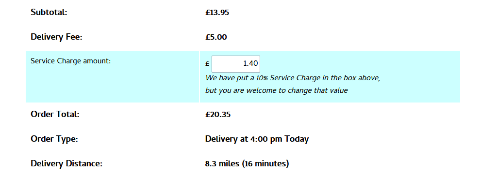shows webapp checkout with delivery fee and variable service charge