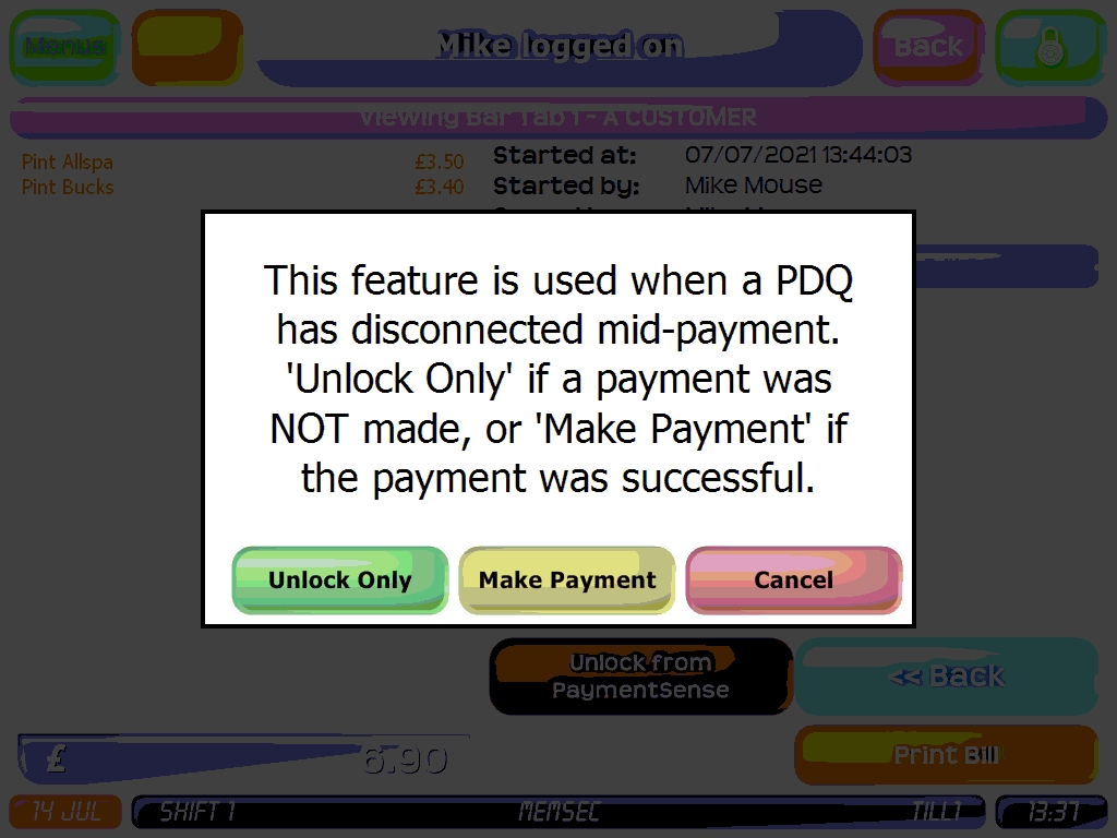 shows the message screen for unlocking from card terminal, with options Unlock Only, Make Payment and Cancel