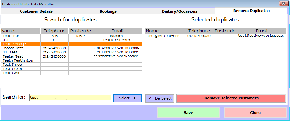 shows booking customer remove duplicates tab