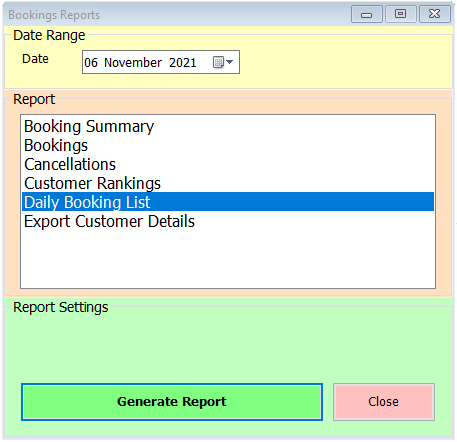 shows bookings report form with daily list selected