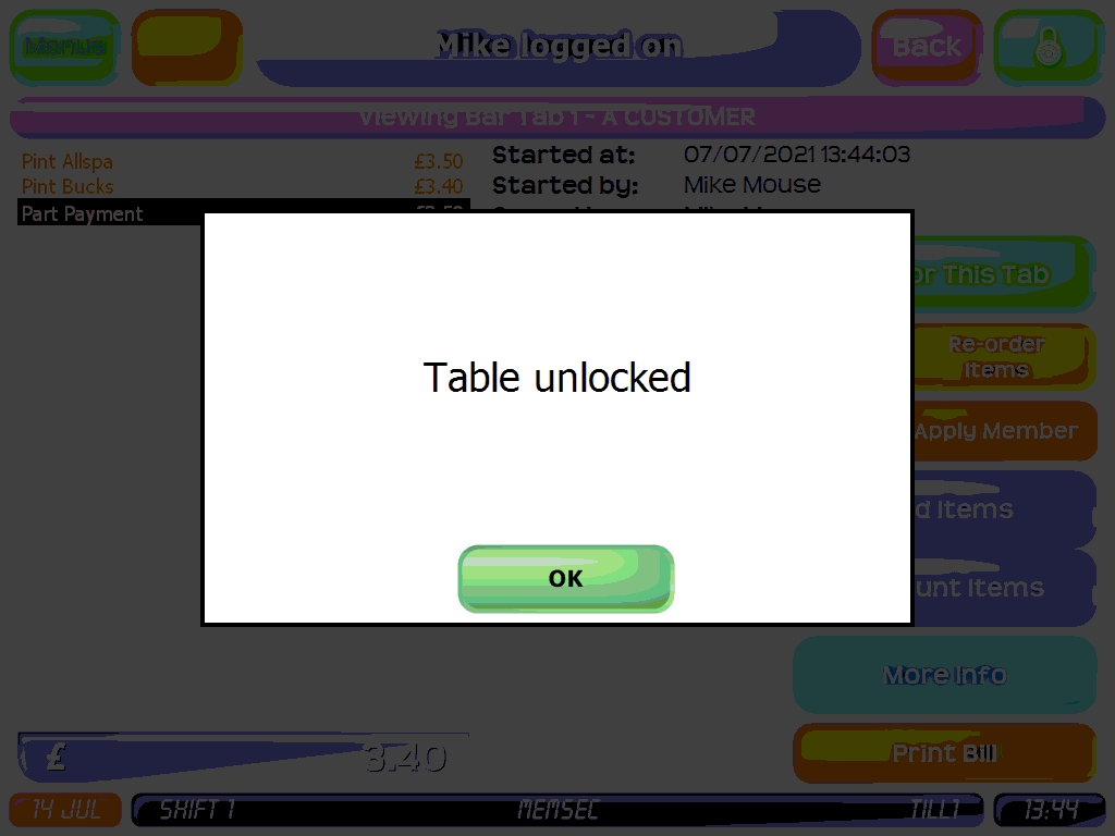 shows message confirming table unlocked
