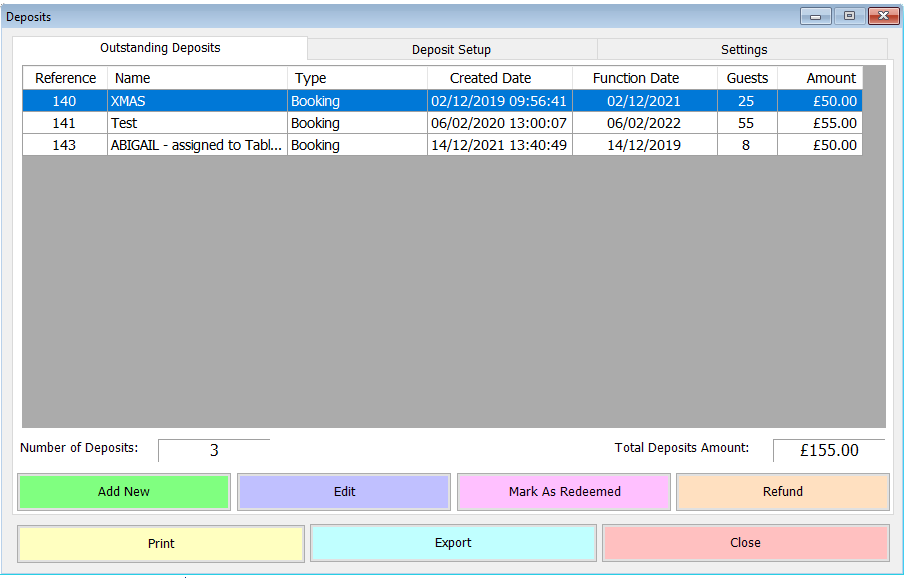 shows deposit summary screen in back office