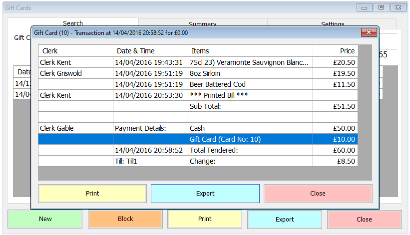 shows a gift card transaction report