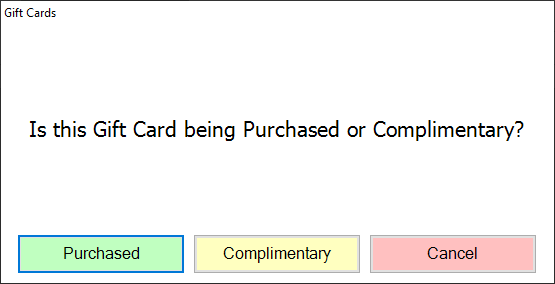 shows office prompt for type of new gift card, paid or complimentary