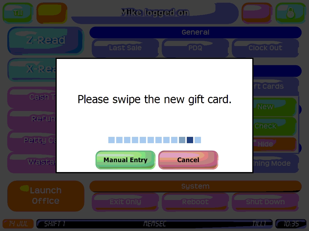 shows the gift card swipe prompt
