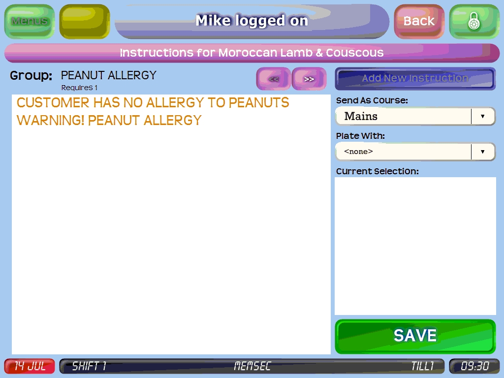 shows allergen instruction group screen on the till
