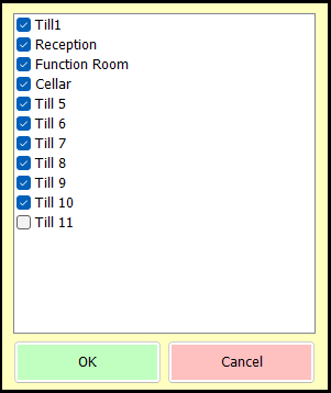 shows list of tills for table plan default areas