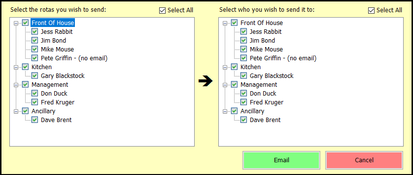 shows rota email selection form