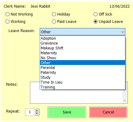 shows rota selection screen with leave reason list