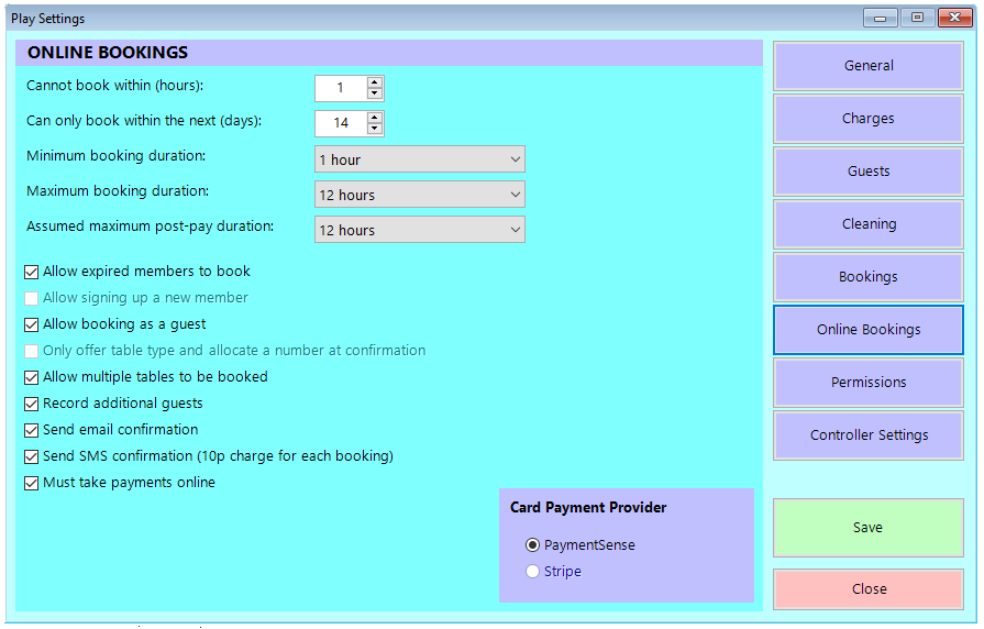 shows online play bookings settings screen