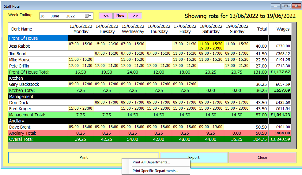 shows rota with print option context menu