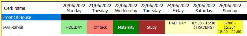 shows the different colour options in the rota