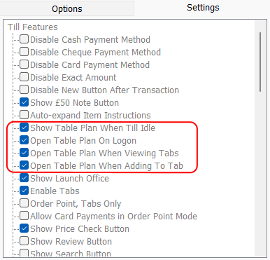 shows till settings screen with table plan options highlighted