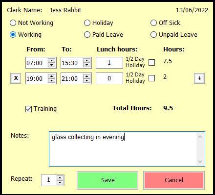 show rota selection completed with notes and split shift