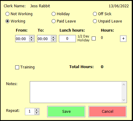shows rota selection screen with working option and manual entry