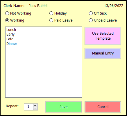 shows rota selection screen with working option and shift templates
