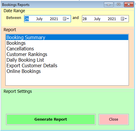 shows booking report selector with booking summary selected