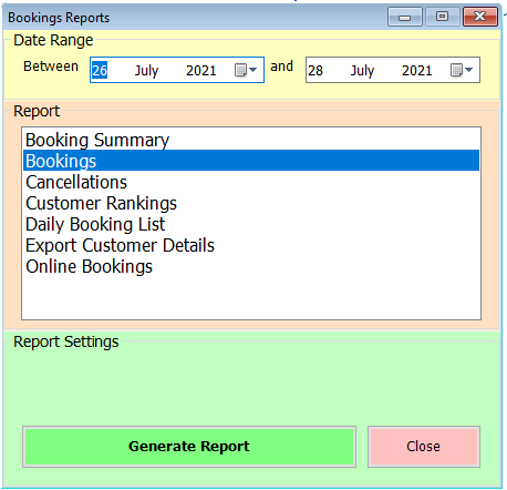 shows booking reports form with bookings report selected