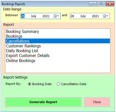 shows bopoking reports form with cancellations report selected