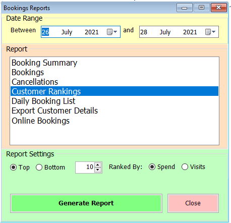 shows booking reports form with customer rankings selected
