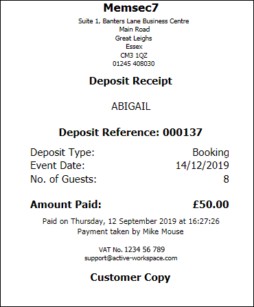 shows a typical deposit receipt