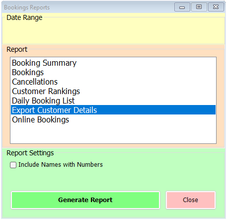 shows booking reports form with Export Customer Details selected