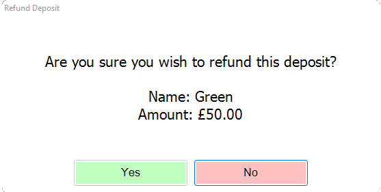 shows deposit refund confirmation screen with name and amount