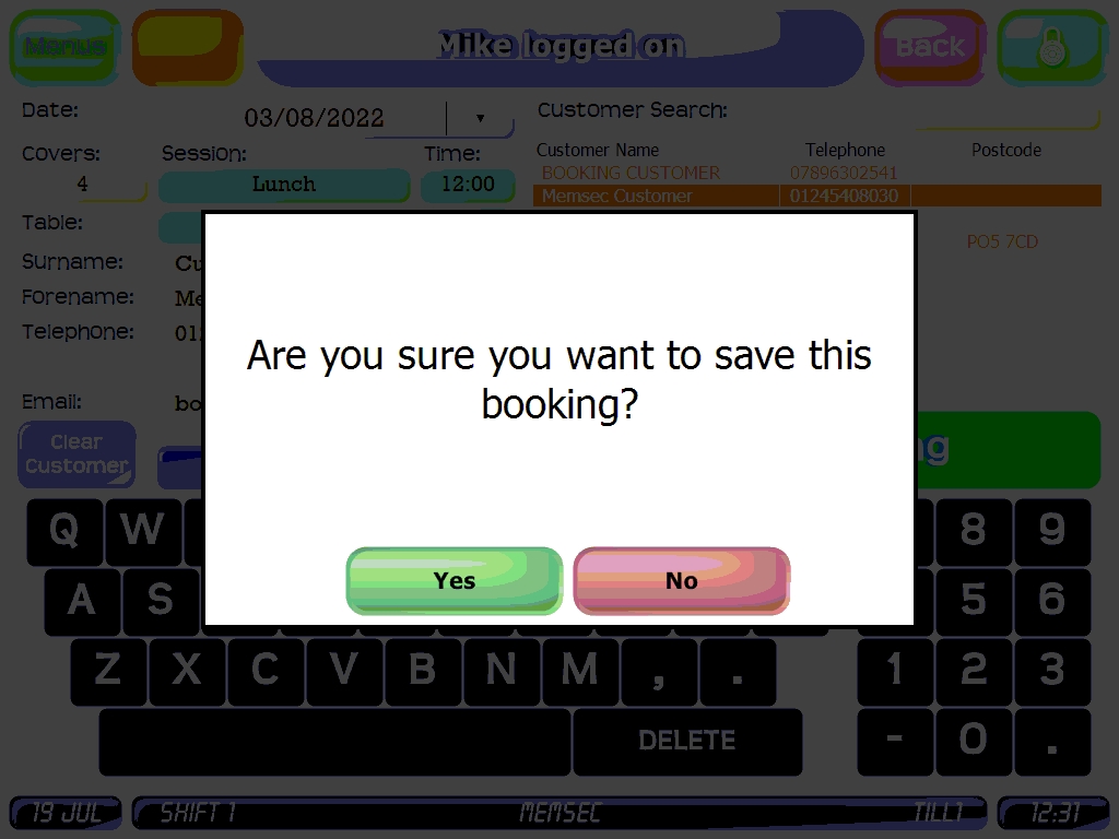 shows prompt confirming save of new booking