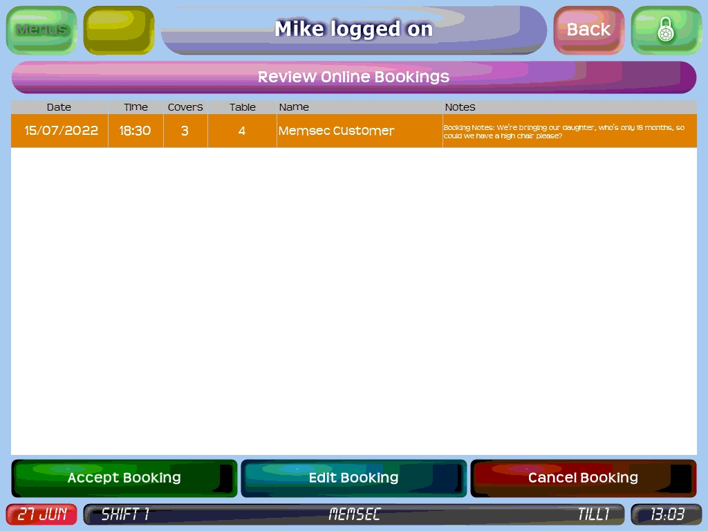 shows online booking review list with options enabled