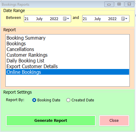 shows booking reports form with online bookings selected