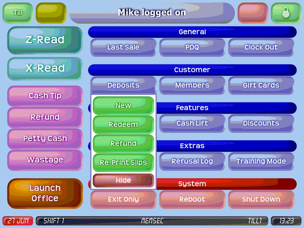 shows the till menu screen with the deposit options visible