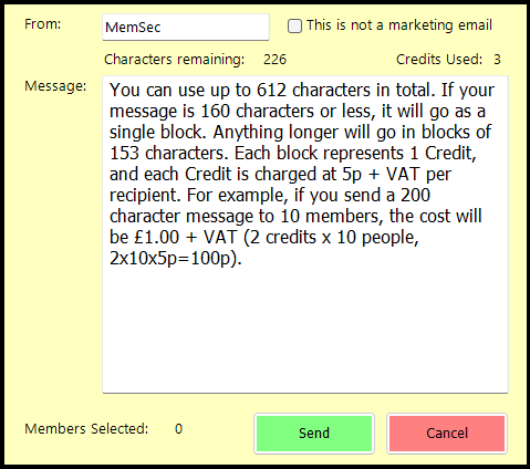 shows the sms message screen in membership report generator