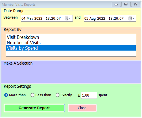 shows visits report with visits by spend selected