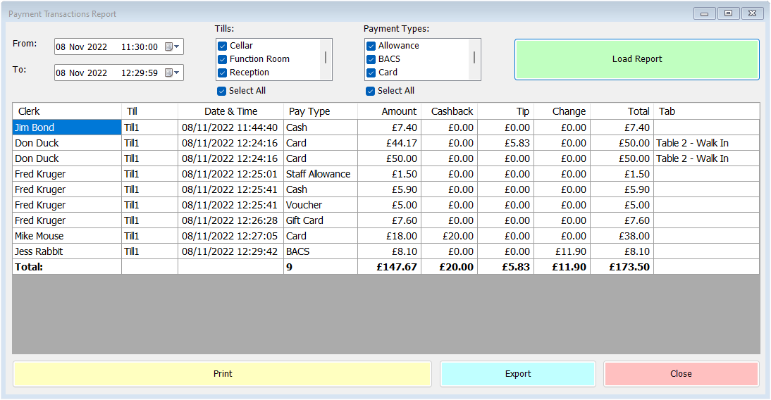 shows payment transactions report screen with sample report loaded