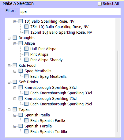 shows selection tree for items with search partly filled in