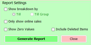 shows the report options available for total sales reports