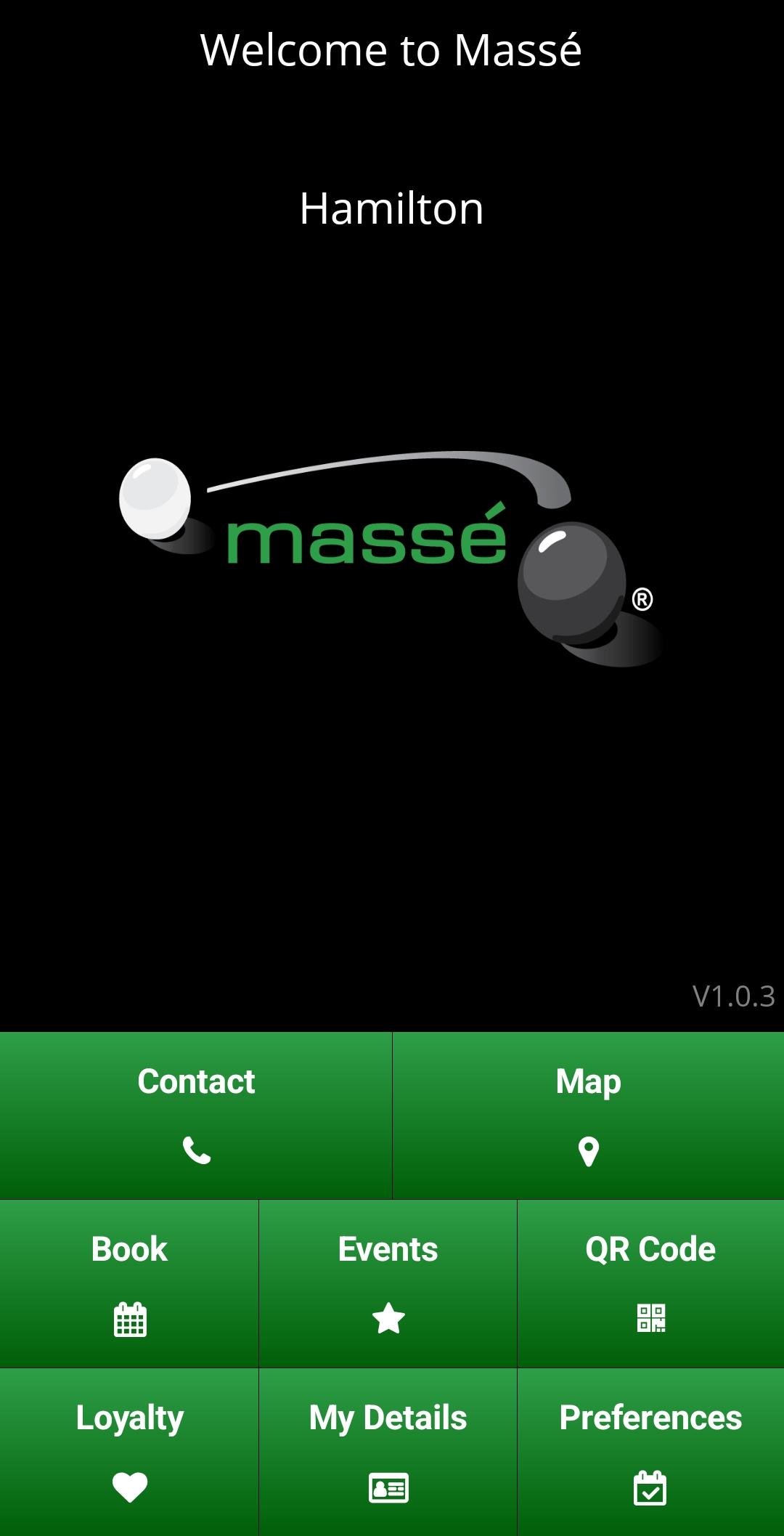 shows home screen from Massé app